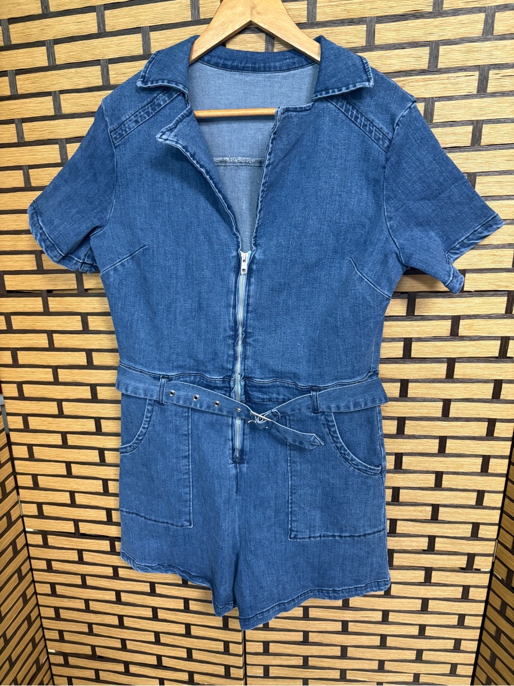 Denim Belted Short Sleeve Romper Size Large